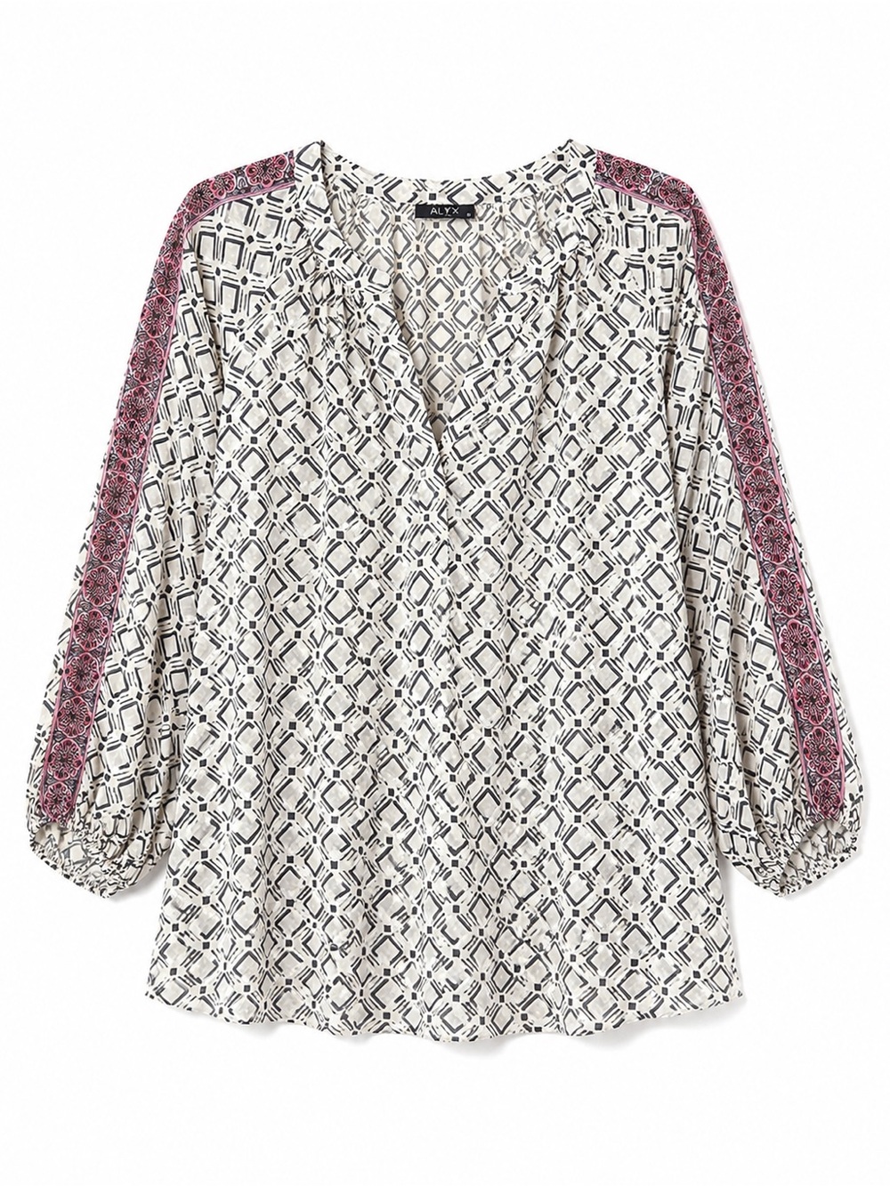 ALYX Women's Black White Geometric Contrast Floral Sleeve Blouse Plus Size 1X